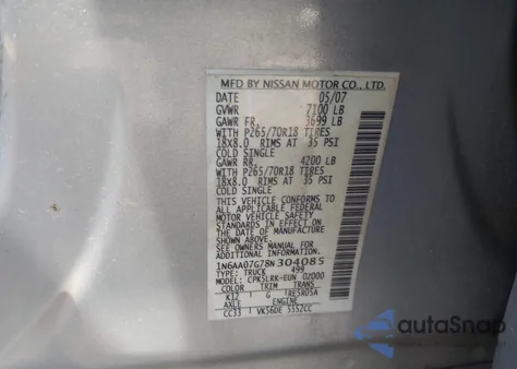 2008 Nissan Titan Xe z USA, uszkodzony, nr VIN 1N6AA07G78N304085